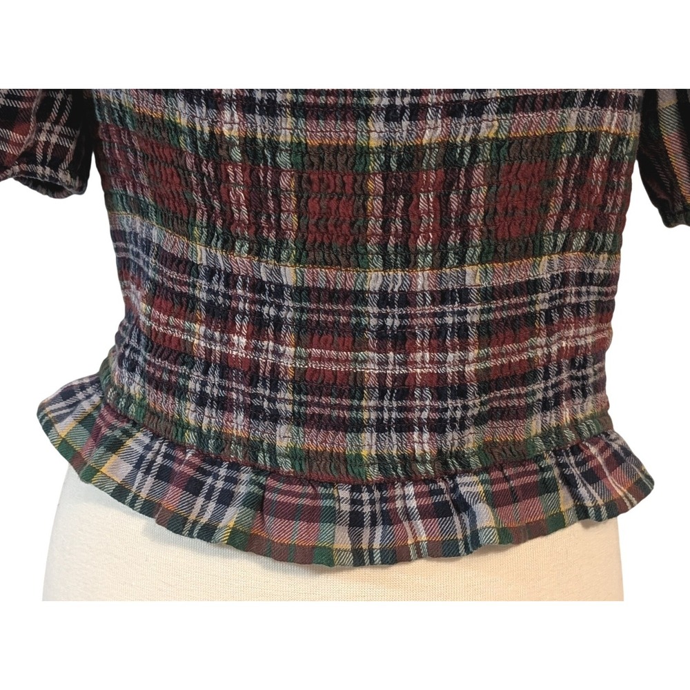 American Eagle Smocked Plaid Crop Top Short Puff Sleeve Square Neck‎ M Y2K Retro - Picture 3 of 10